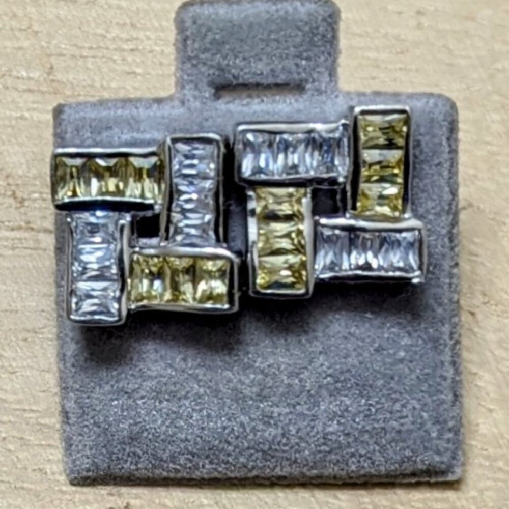 🆕 STERLING SILVER WHITE & YELLOW GEOMETRIC CUBIC ZIRCONIA SQUARE STUD EARRINGS